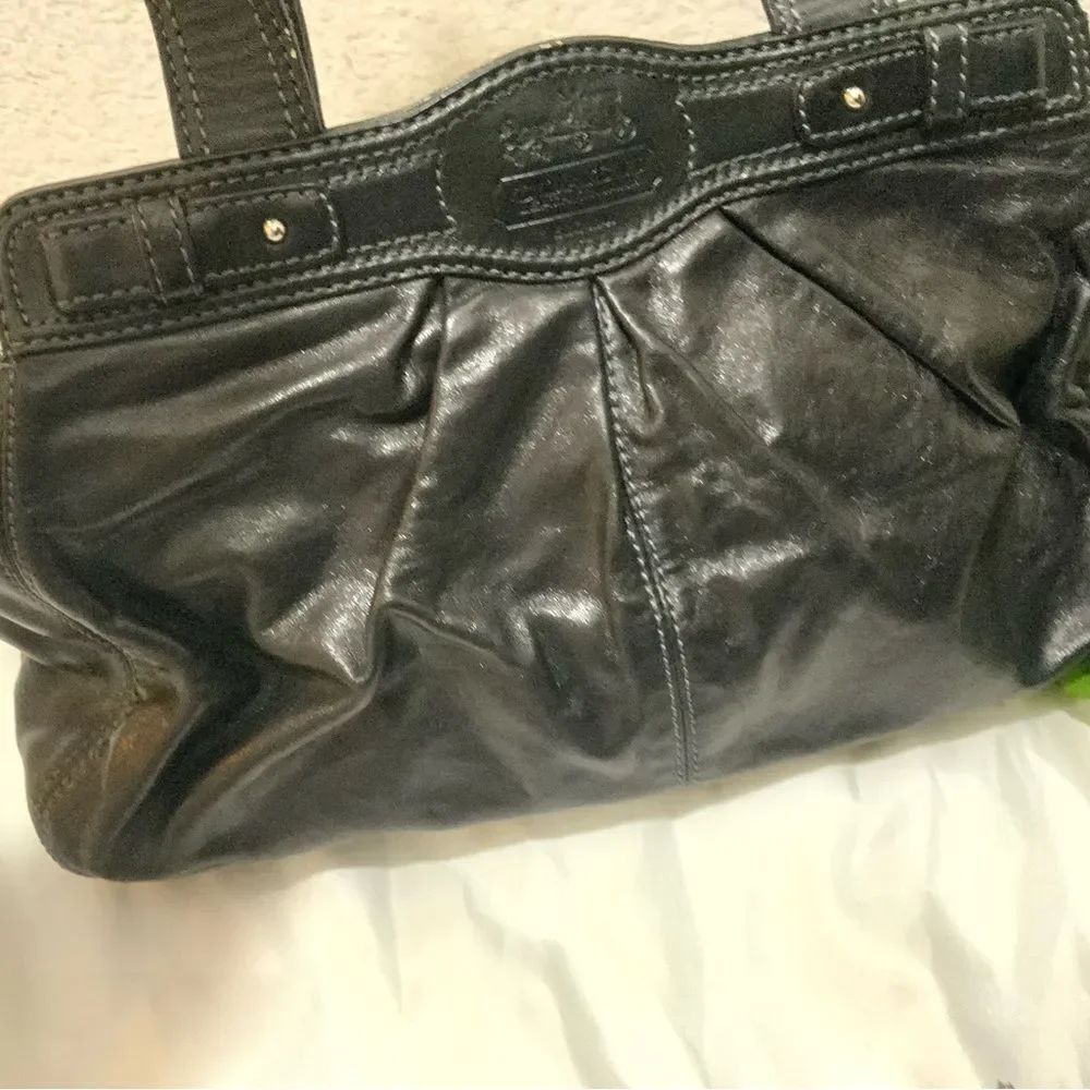 Coach 13914 Black Leather Pleated Garnet Satchel Nickel TurnLock Handbag